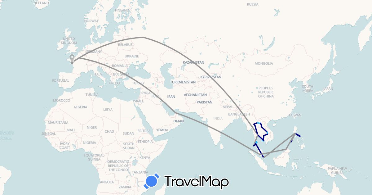 TravelMap itinerary: driving, plane, boat in United Arab Emirates, France, Cambodia, Laos, Malaysia, Philippines, Russia, Singapore, Thailand (Asia, Europe)